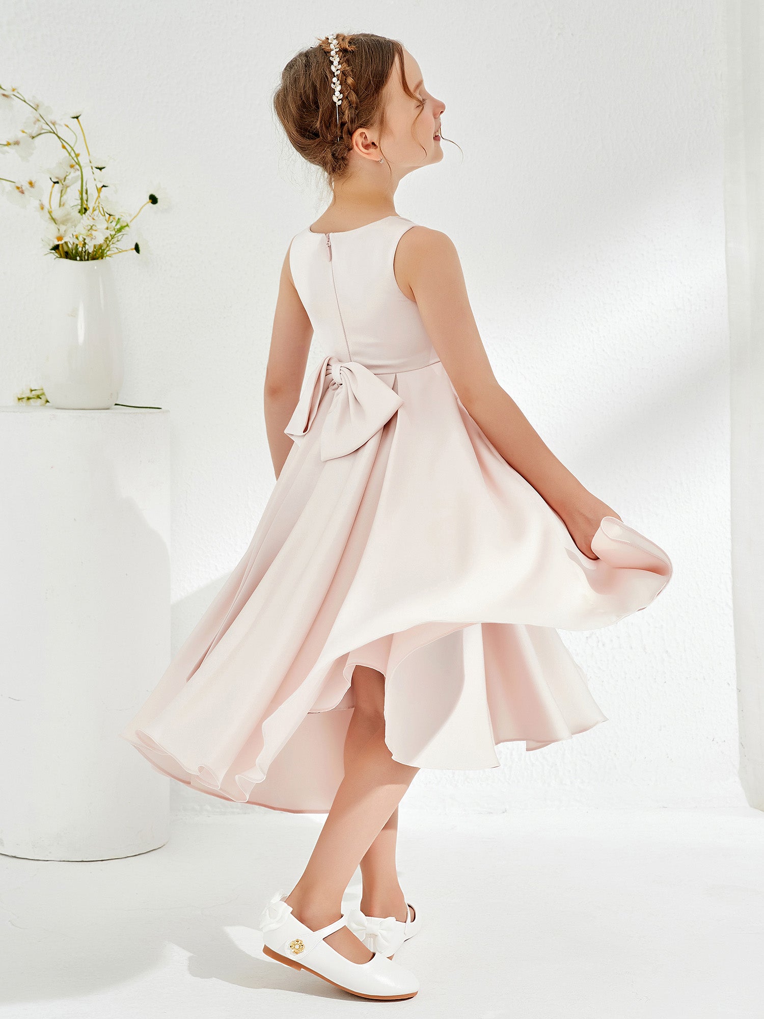 V-Neck Acetate Satin Girl's Dress with Bow Rose Petal